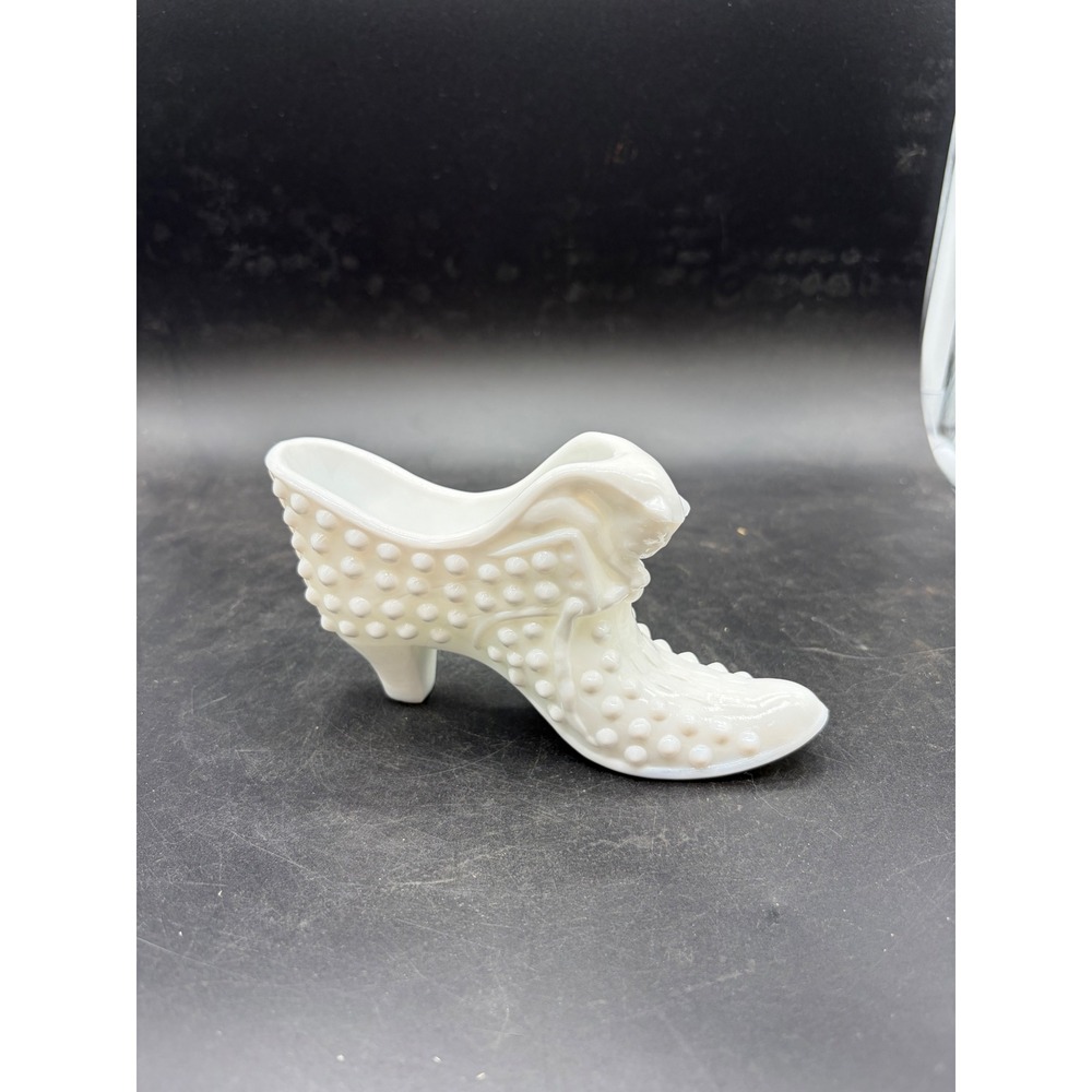Fenton White Milk Glass Hobnail Shoe Figurine Vintage Victorian Slipper Bow